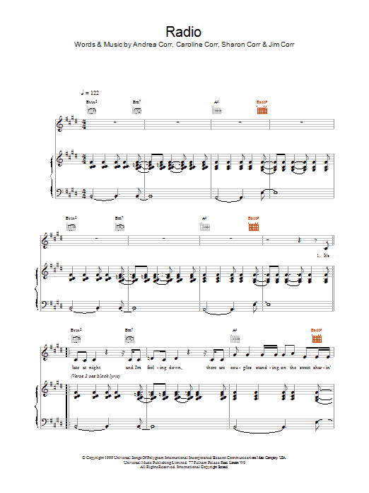 The Corrs Radio sheet music notes and chords. Download Printable PDF.