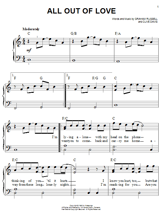 Air Supply All Out Of Love sheet music notes and chords. Download Printable PDF.