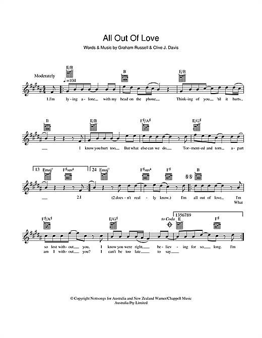 Air Supply All Out Of Love Sheet Music Pdf Notes Chords Rock Score Guitar Chords Lyrics Download Printable Sku 48051