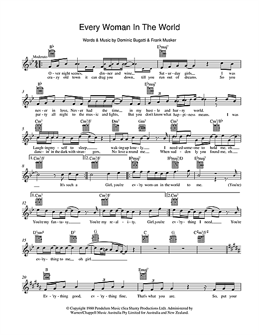 Learn to play Air Supply Every Woman In The World sheet music for Lead Sheet / Fake Book in minutes. Price: 5.9900$ Air Supply Every Woman In The World sheet music notes and chords arranged for Lead Sheet / Fake Book