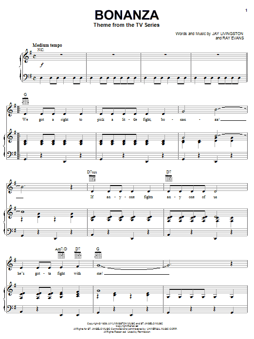 Learn to play Al Caiola Bonanza sheet music for Piano, Vocal & Guitar (Right-Hand Melody) in minutes. Price: 7.7900$ Al Caiola Bonanza sheet music notes and chords. Download Printable PDF.