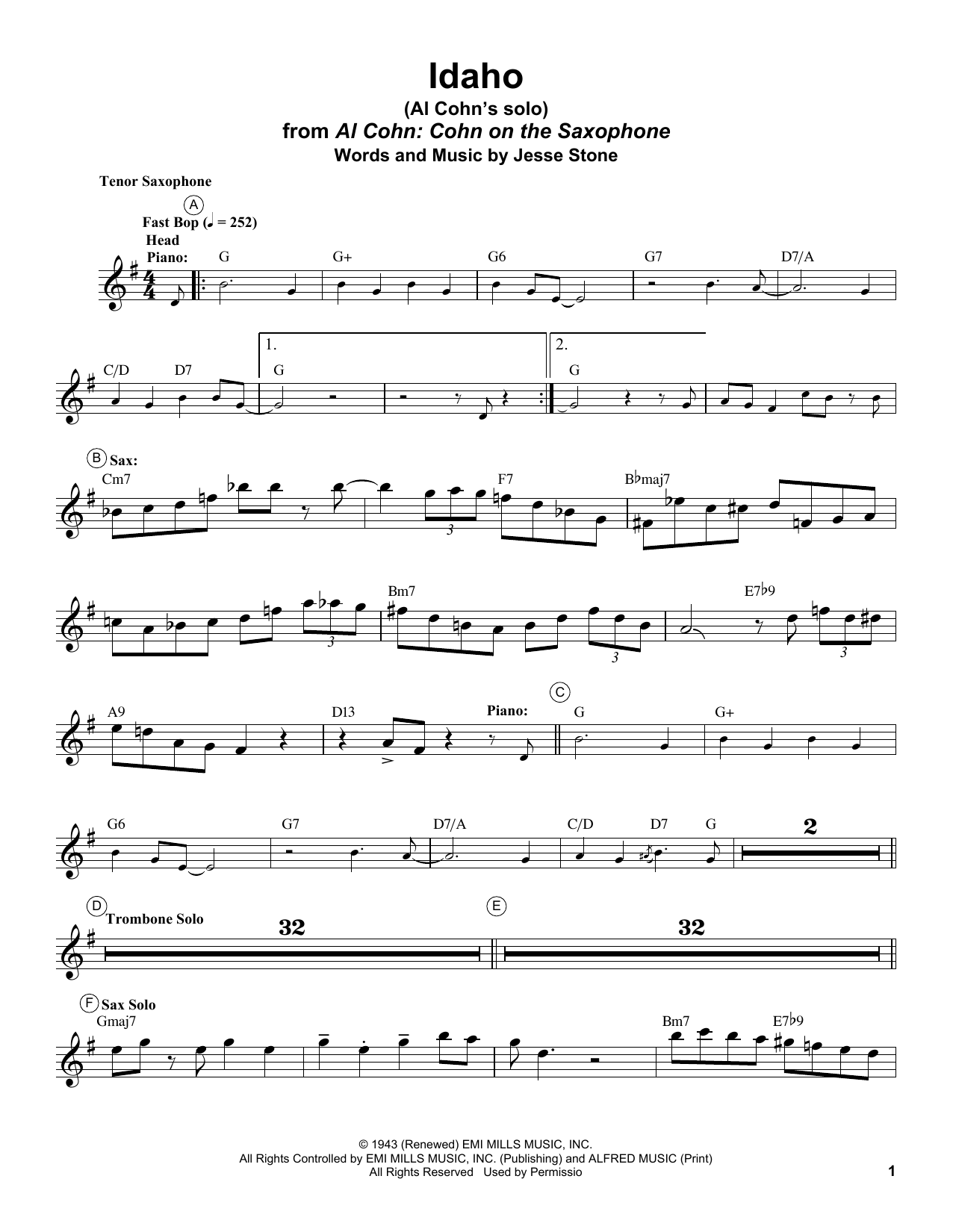 Al Cohn Idaho sheet music notes and chords. Download Printable PDF.