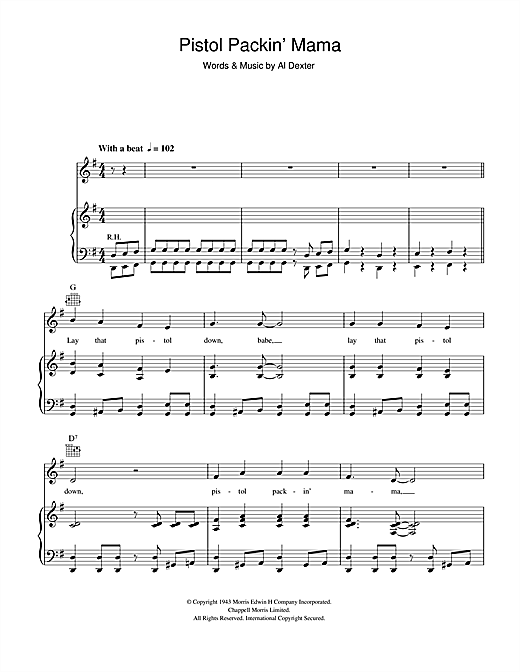 Al Dexter Pistol Packin' Mama sheet music notes and chords. Download Printable PDF.