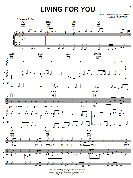 Learn to play Al Green Living For You sheet music for Piano, Vocal & Guitar (Right-Hand Melody) in minutes. Al Green Living For You sheet music notes and chords. Download Printable PDF.