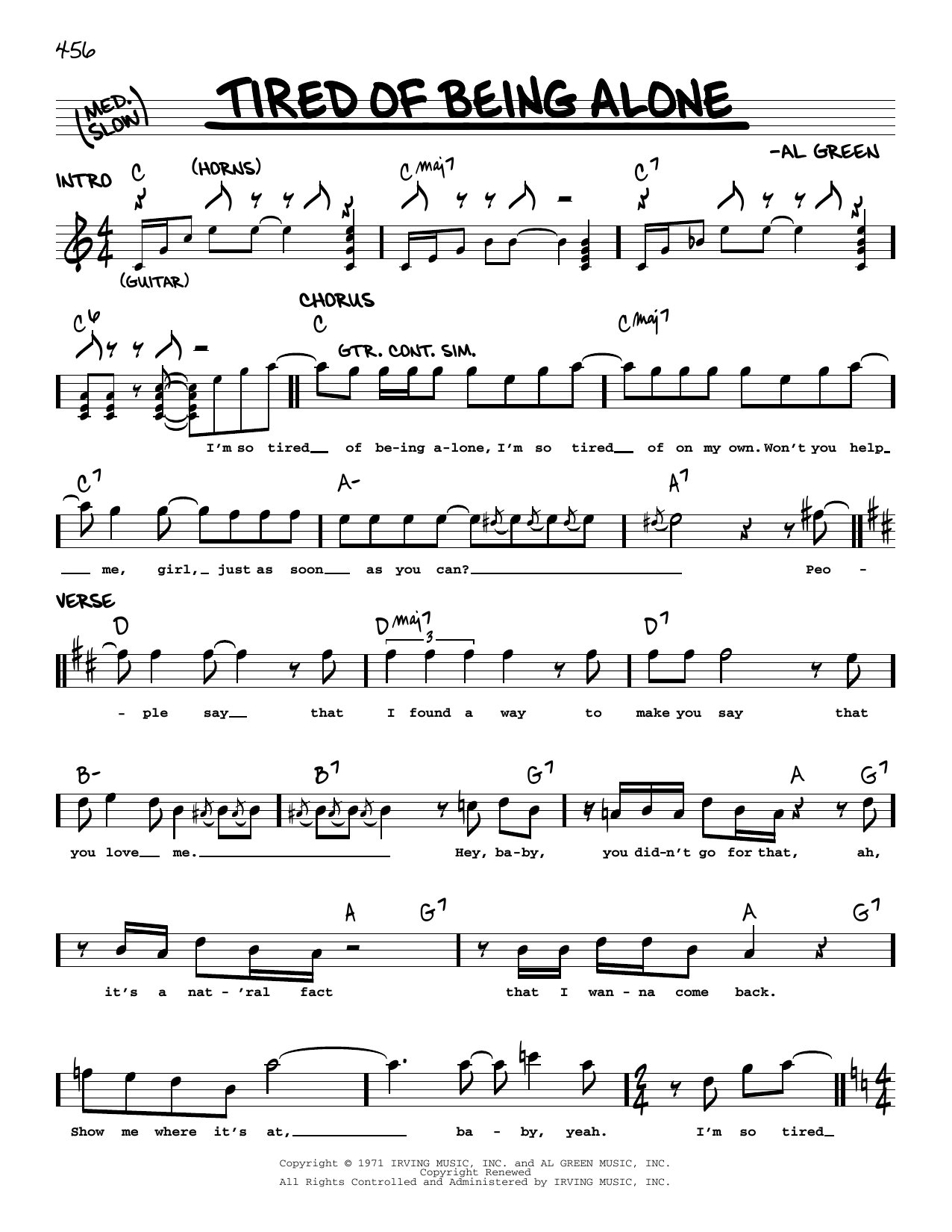 Al Green Tired Of Being Alone sheet music notes and chords. Download Printable PDF.