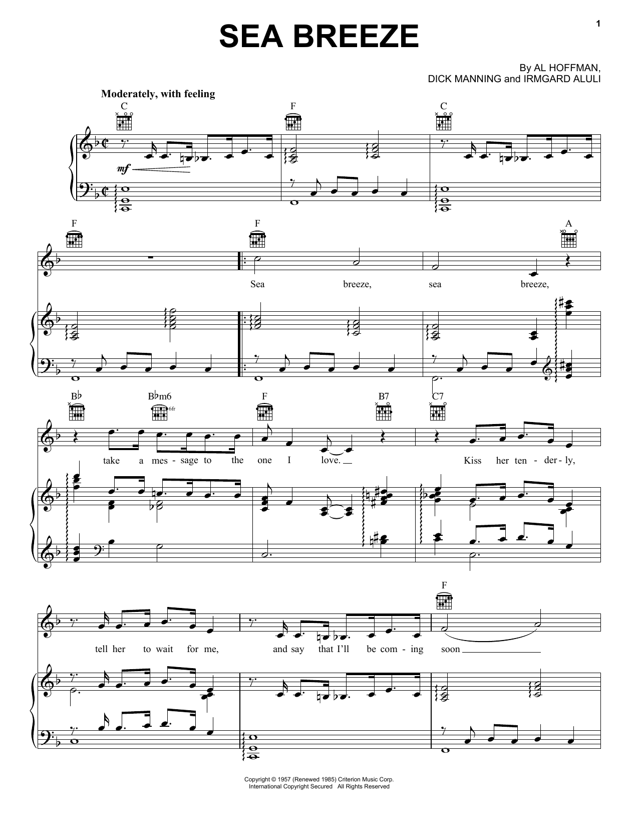 Learn to play Al Hoffman Sea Breeze sheet music for Piano, Vocal & Guitar Chords (Right-Hand Melody) in minutes. Price: 7.8900$ Al Hoffman Sea Breeze sheet music notes and chords arranged for Piano, Vocal & Guitar Chords (Right-Hand Melody)
