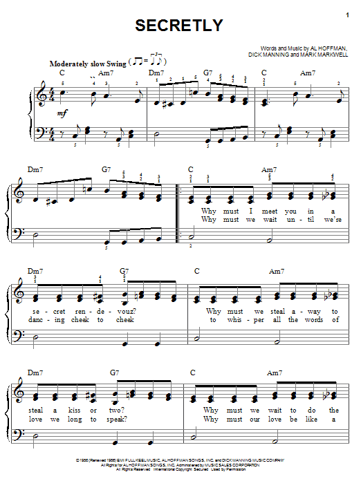 Learn to play Al Hoffman Secretly sheet music for Easy Piano in minutes. Price: 6.9900$ Al Hoffman Secretly sheet music notes and chords. Download Printable PDF.
