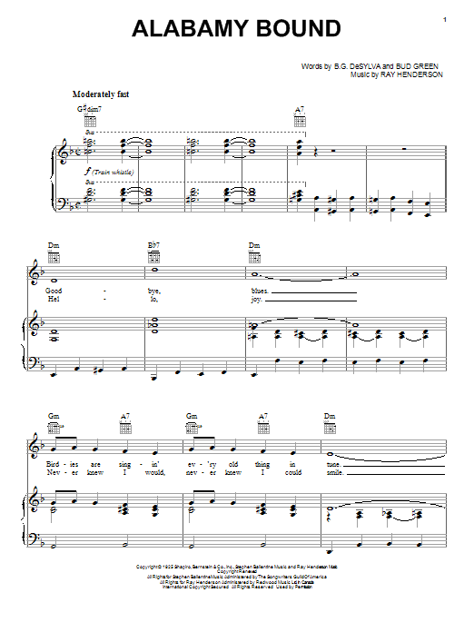 Learn to play Al Jolson Alabamy Bound sheet music for Piano, Vocal & Guitar (Right-Hand Melody) in minutes. Al Jolson Alabamy Bound sheet music notes and chords. Download Printable PDF.