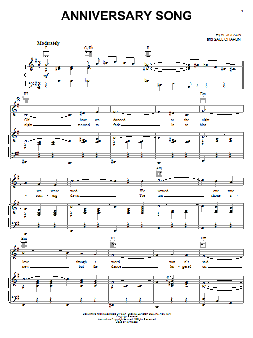 Preview Al Jolson Anniversary Song Pop sheet music, notes and chords for Piano, Vocal & Guitar (Right-Hand Melody), SKU: 16323 sheet music, piano notes, chords, guitar tabs, score, transpose, transcribe, how to play, guide, download, learn, tutorial, progression, song, artist, awards, billboard, mtv, vh1, tour, single, album, release