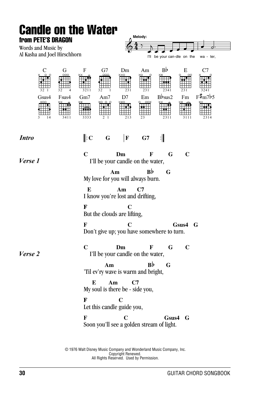 Learn to play Al Kasha Candle On The Water (from Pete's Dragon) sheet music for Guitar Chords/Lyrics in minutes. Al Kasha Candle On The Water (from Pete's Dragon) sheet music notes and chords. Download Printable PDF.