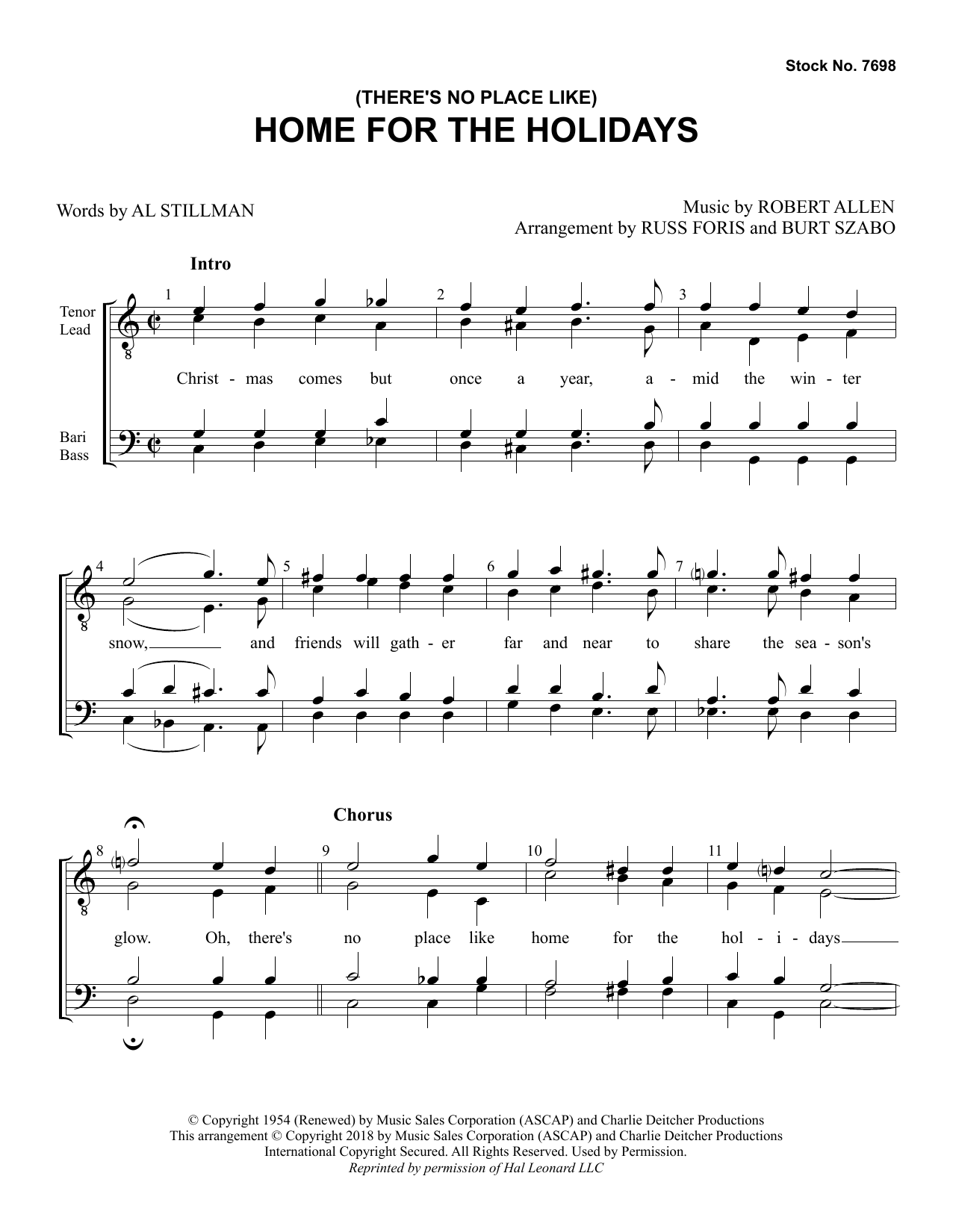 Al Stillman & Robert Allen (There's No Place Like) Home for the Holidays (arr. Russ Foris & Burt Szabo) sheet music notes and chords. Download Printable PDF.