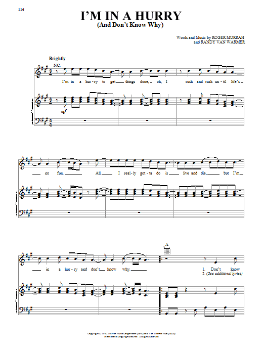Learn to play Alabama I'm In A Hurry (And Don't Know Why) sheet music for Piano, Vocal & Guitar (Right-Hand Melody) in minutes. Alabama I'm In A Hurry (And Don't Know Why) sheet music notes and chords. Download Printable PDF.
