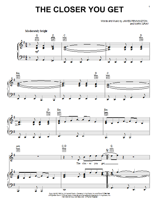 Alabama The Closer You Get sheet music notes and chords. Download Printable PDF.