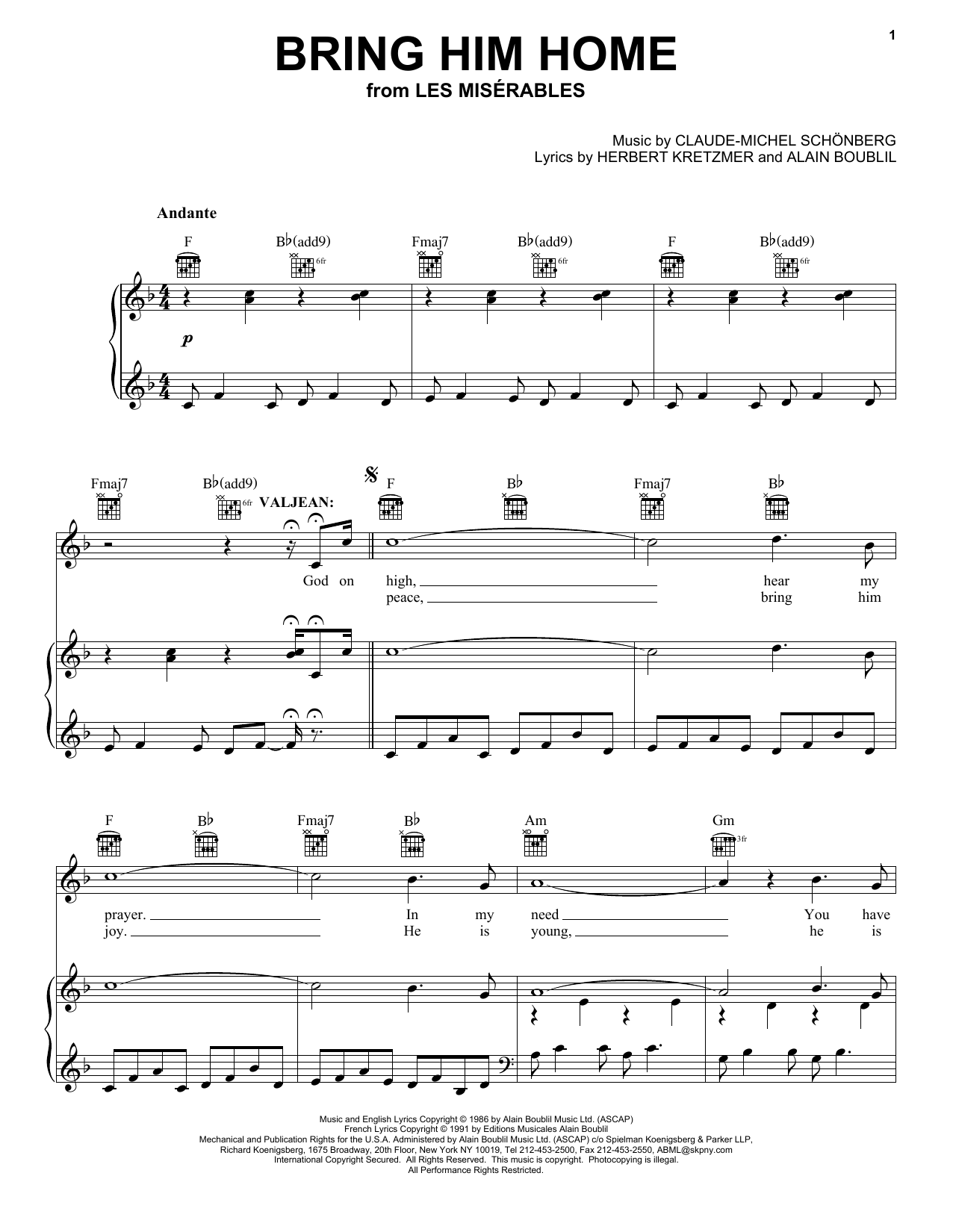 Alain Boublil Bring Him Home (from Les Miserables) sheet music notes and chords. Download Printable PDF.