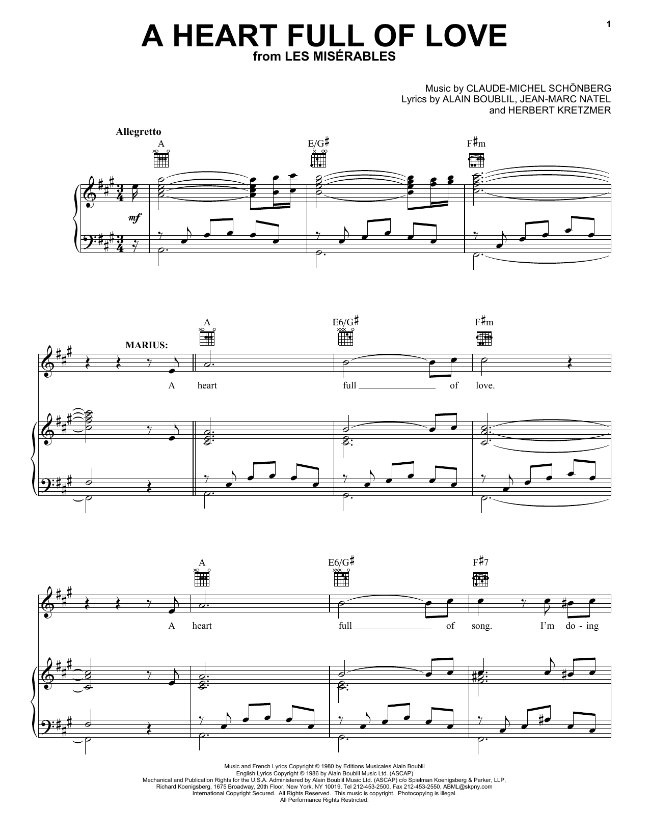 Learn to play Alain Boublil A Heart Full Of Love sheet music for Piano, Vocal & Guitar (Right-Hand Melody) in minutes. Alain Boublil A Heart Full Of Love sheet music notes and chords. Download Printable PDF.