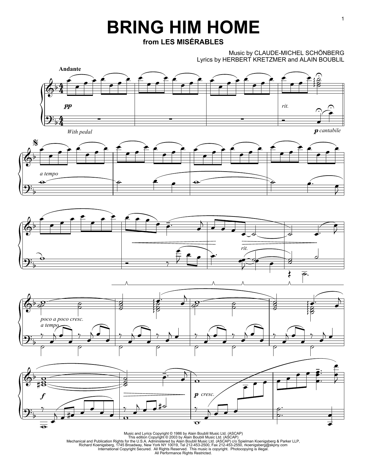 Alain Boublil Bring Him Home sheet music notes and chords. Download Printable PDF.