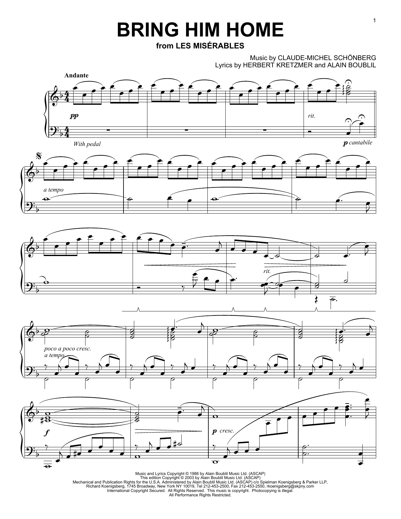 Learn to play Alain Boublil Bring Him Home sheet music for Piano Solo in minutes. Alain Boublil Bring Him Home sheet music notes and chords. Download Printable PDF.