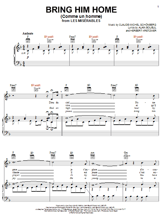 Alain Boublil Bring Him Home Comme Un Homme French Version Sheet Music Pdf Notes Chords Musical Show Score Piano Vocal Guitar Right Hand Melody Download Printable Sku 57590