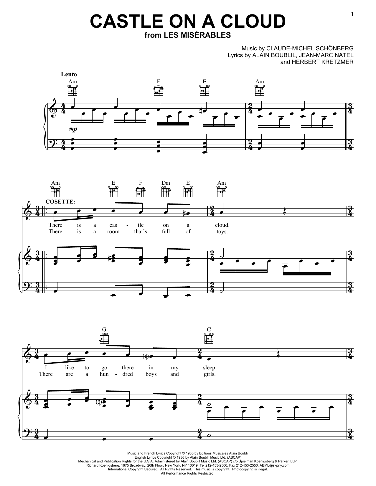 Learn to play Alain Boublil Castle On A Cloud sheet music for Piano, Vocal & Guitar (Right-Hand Melody) in minutes. Alain Boublil Castle On A Cloud sheet music notes and chords. Download Printable PDF.