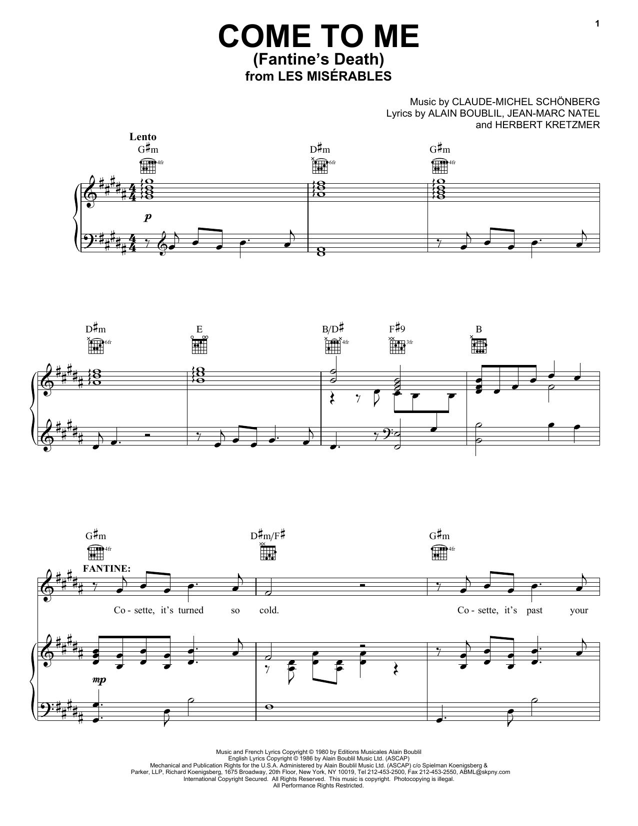 Alain Boublil Come To Me Fantine S Death Sheet Music Pdf Notes Chords Musical Show Score Piano Vocal Guitar Right Hand Melody Download Printable Sku 24834