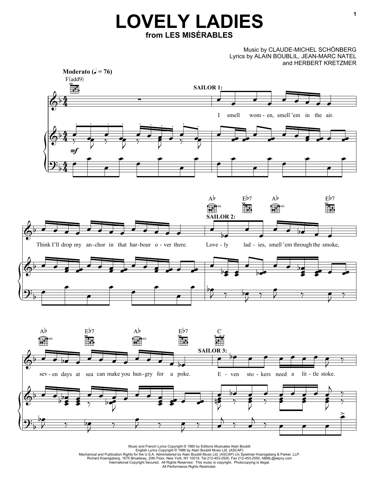 Learn to play Alain Boublil Lovely Ladies sheet music for Piano, Vocal & Guitar (Right-Hand Melody) in minutes. Alain Boublil Lovely Ladies sheet music notes and chords. Download Printable PDF.