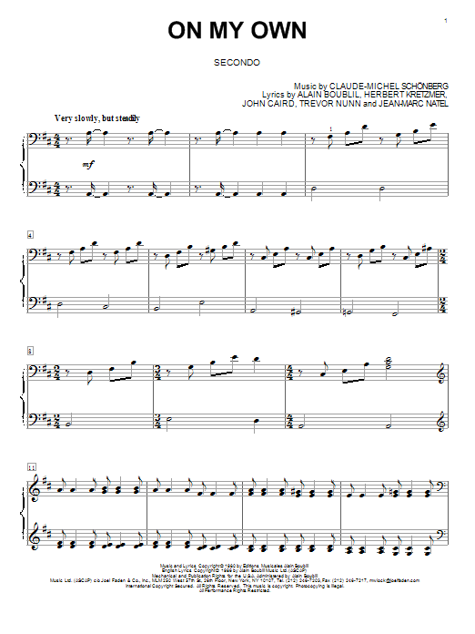 Alain Boublil On My Own (from Les Miserables) sheet music notes and chords. Download Printable PDF.