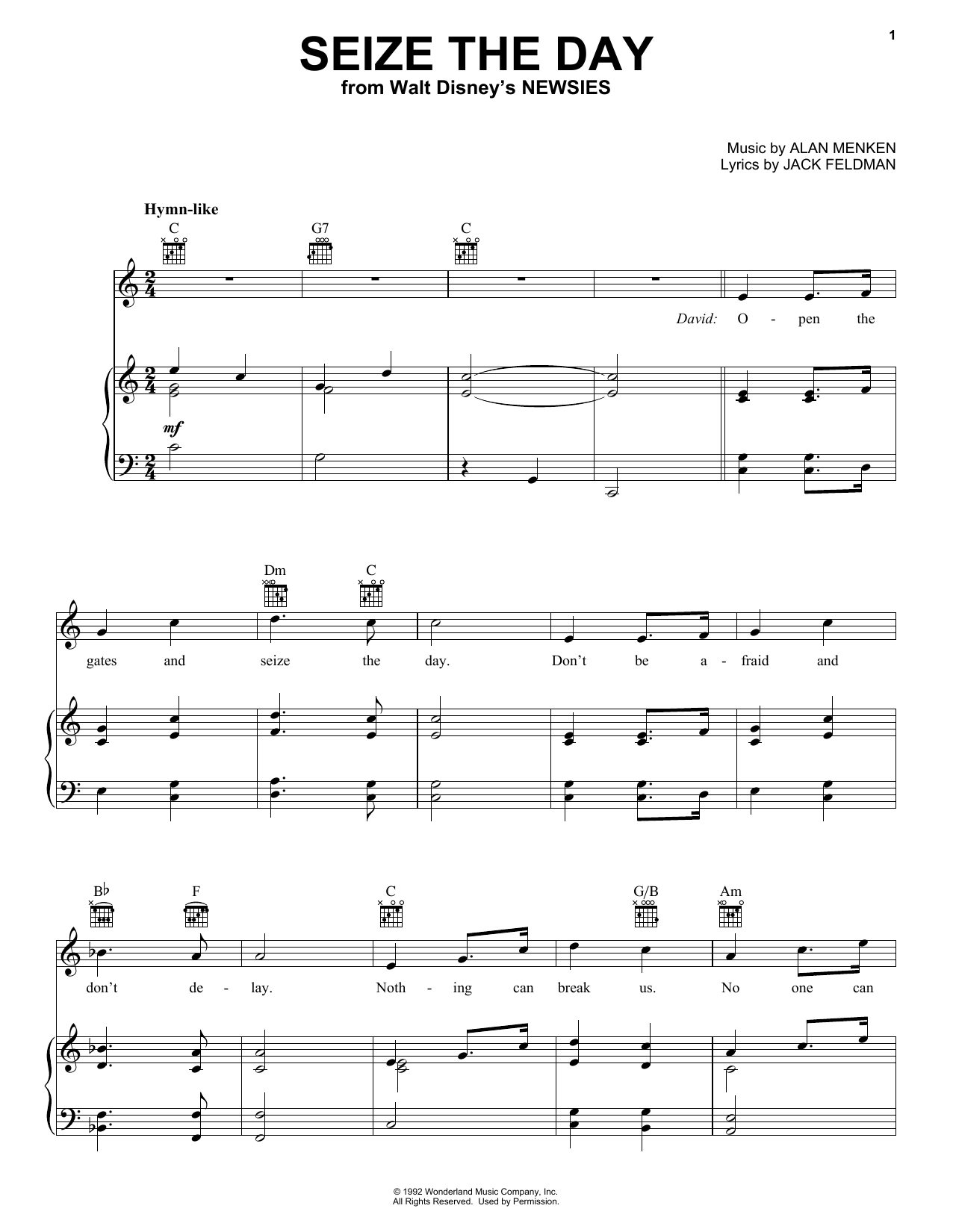 Alan Menken Seize The Day (from Newsies) sheet music notes and chords. Download Printable PDF.