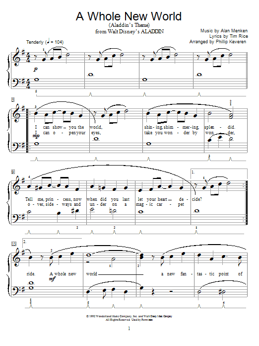 Alan Menken A Whole New World (from Aladdin) sheet music notes and chords - Download Printable PDF and start playing in minutes.