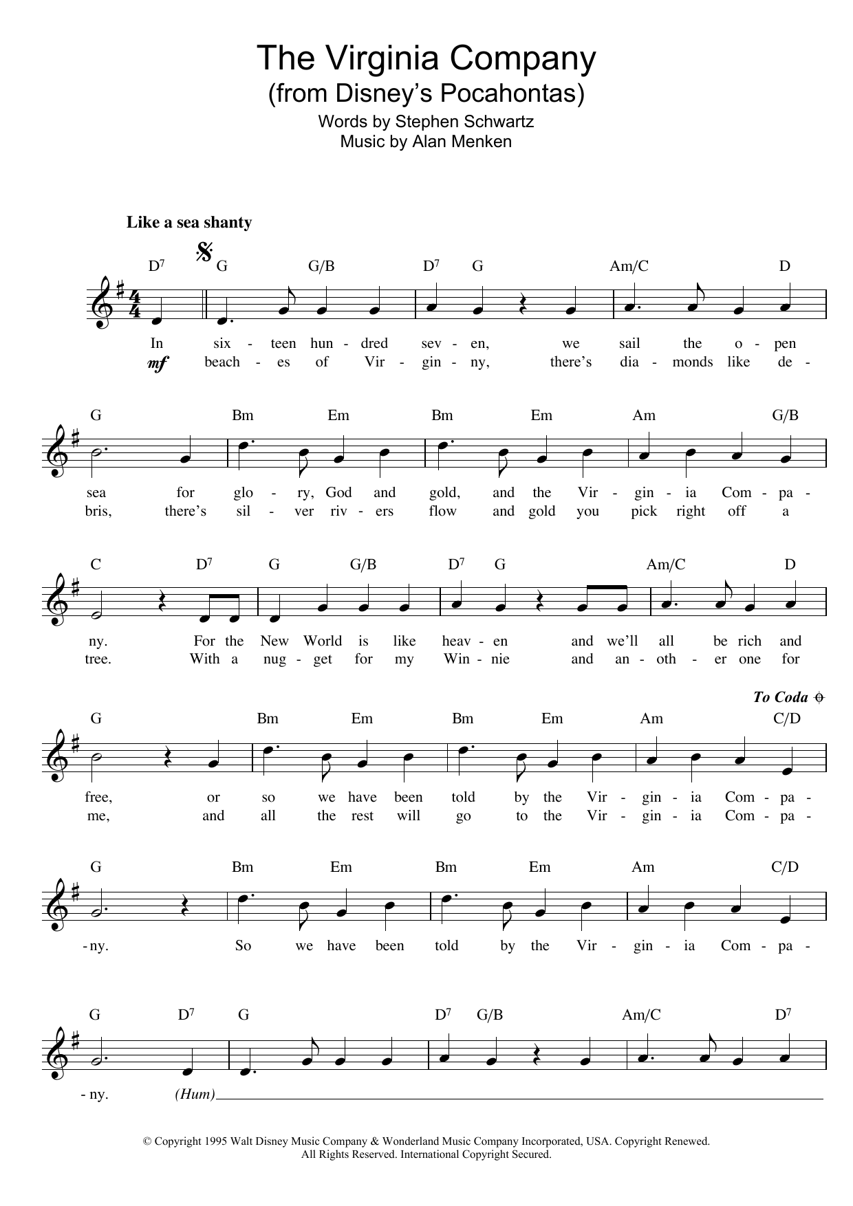Alan Menken The Virginia Company (from Pocahontas) sheet music notes and chords - Download Printable PDF and start playing in minutes.