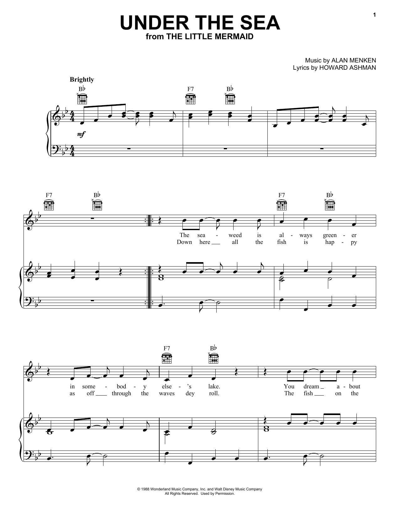 Alan Menken Under The Sea (from The Little Mermaid) sheet music notes and chords. Download Printable PDF.