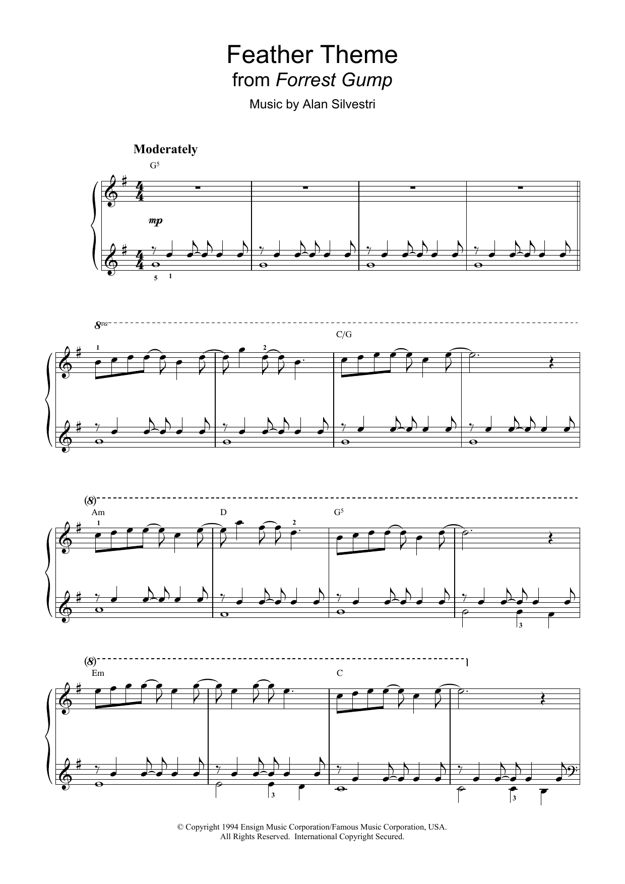 Alan Silvestri Forrest Gump - Main Title (Feather Theme) sheet music notes and chords. Download Printable PDF.