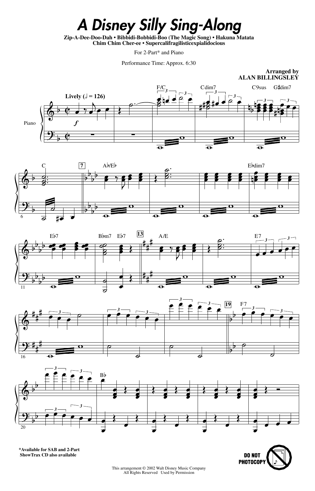Alan Billingsley A Disney Silly Sing Along Sheet Music Pdf Notes Chords Children Score 2 Part Choir Download Printable Sku 412775