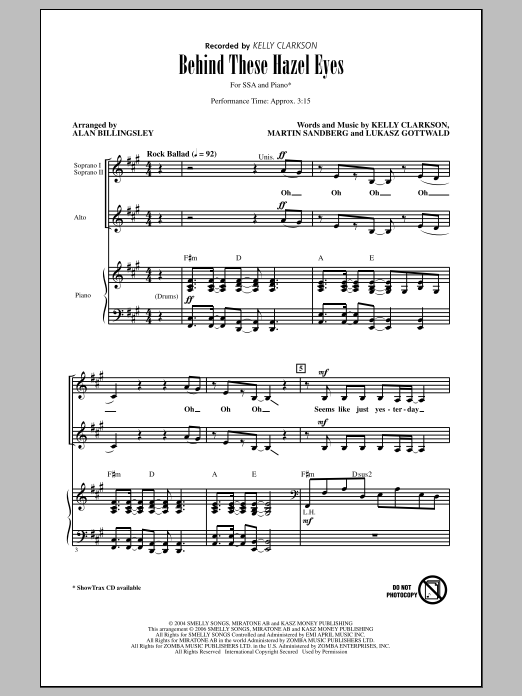 Learn to play Kelly Clarkson Behind These Hazel Eyes (arr. Alan Billingsley) sheet music for SSA Choir in minutes. Price: 3.9900$ Kelly Clarkson Behind These Hazel Eyes (arr. Alan Billingsley) sheet music notes and chords arranged for SSA Choir