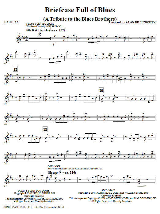 Learn to play Alan Billingsley Briefcase Full Of Blues (A Tribute to the Blues Brothers) - Baritone Sax sheet music for Choir Instrumental Pak in minutes. Alan Billingsley Briefcase Full Of Blues (A Tribute to the Blues Brothers) - Baritone Sax sheet music notes and chords. Download Printable PDF.
