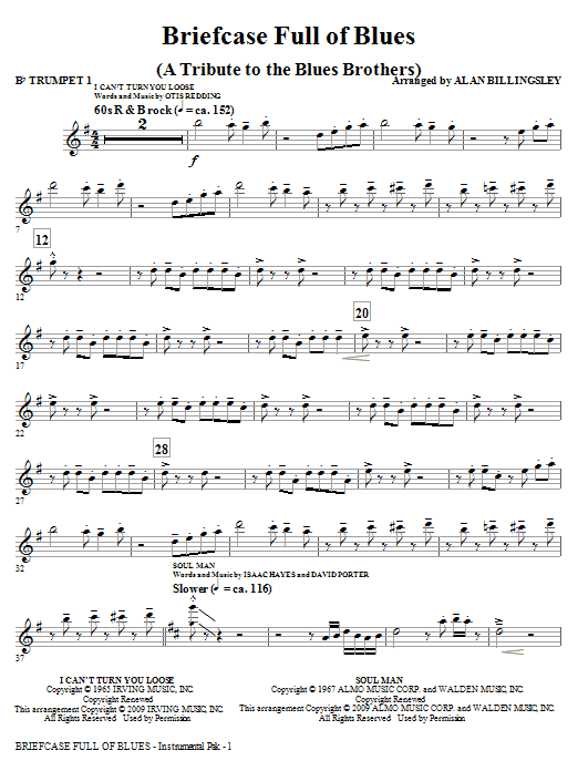 Learn to play Alan Billingsley Briefcase Full Of Blues (A Tribute to the Blues Brothers) - Bb Trumpet 1 sheet music for Choir Instrumental Pak in minutes. Alan Billingsley Briefcase Full Of Blues (A Tribute to the Blues Brothers) - Bb Trumpet 1 sheet music notes and chords. Download Printable PDF.