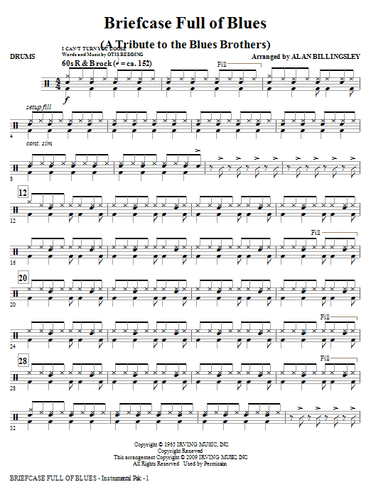 Learn to play Alan Billingsley Briefcase Full Of Blues (A Tribute to the Blues Brothers) - Drums sheet music for Choir Instrumental Pak in minutes. Alan Billingsley Briefcase Full Of Blues (A Tribute to the Blues Brothers) - Drums sheet music notes and chords. Download Printable PDF.