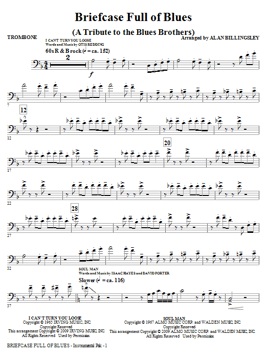 Learn to play Alan Billingsley Briefcase Full Of Blues (A Tribute to the Blues Brothers) - Trombone sheet music for Choir Instrumental Pak in minutes. Alan Billingsley Briefcase Full Of Blues (A Tribute to the Blues Brothers) - Trombone sheet music notes and chords. Download Printable PDF.