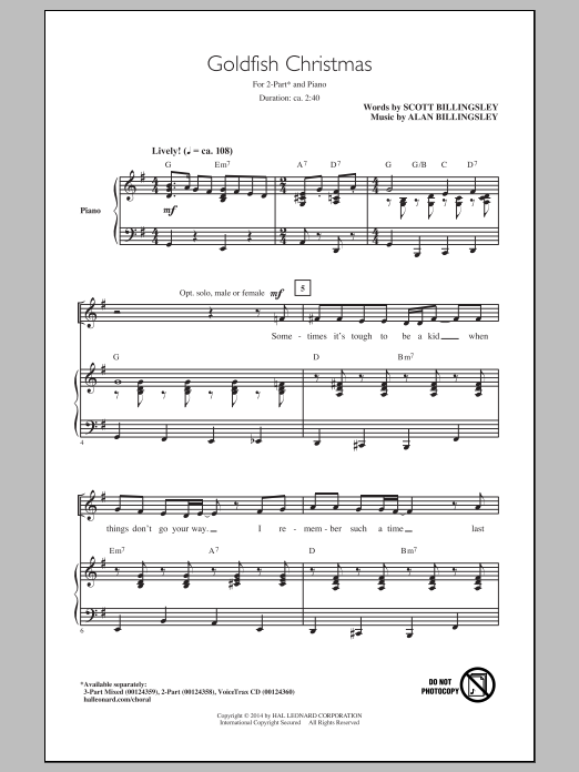 Alan Billingsley Goldfish Christmas sheet music notes and chords. Download Printable PDF.