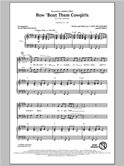 Learn to play George Strait How 'Bout Them Cowgirls (arr. Alan Billingsley) sheet music for TTBB Choir in minutes. Price: 3.9900$ George Strait How 'Bout Them Cowgirls (arr. Alan Billingsley) sheet music notes and chords arranged for TTBB Choir