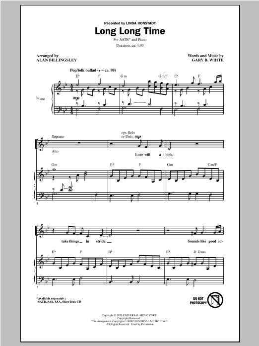 Linda Ronstadt Long Long Time (arr. Alan Billingsley) sheet music notes and chords. Download Printable PDF.