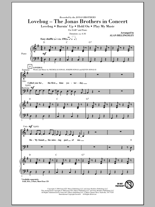 Alan Billingsley Lovebug - The Jonas Brothers In Concert (Medley) sheet music notes and chords. Download Printable PDF.