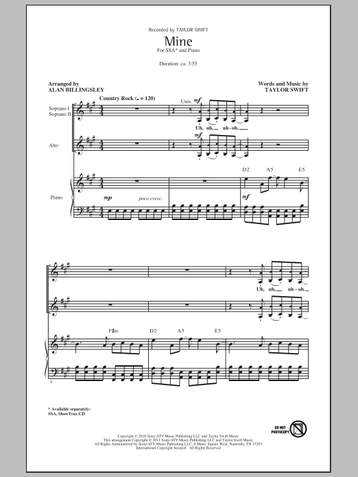 Taylor Swift Mine (arr. Alan Billingsley) sheet music notes and chords arranged for SSA Choir