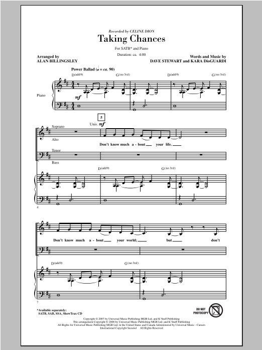 Celine Dion Taking Chances (arr. Alan Billingsley) sheet music notes and chords. Download Printable PDF.