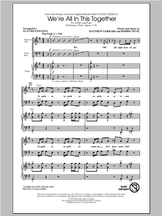 Alan Billingsley We Re All In This Together From High School Musical Sheet Music Pdf Notes Chords Disney Score Satb Choir Download Printable Sku
