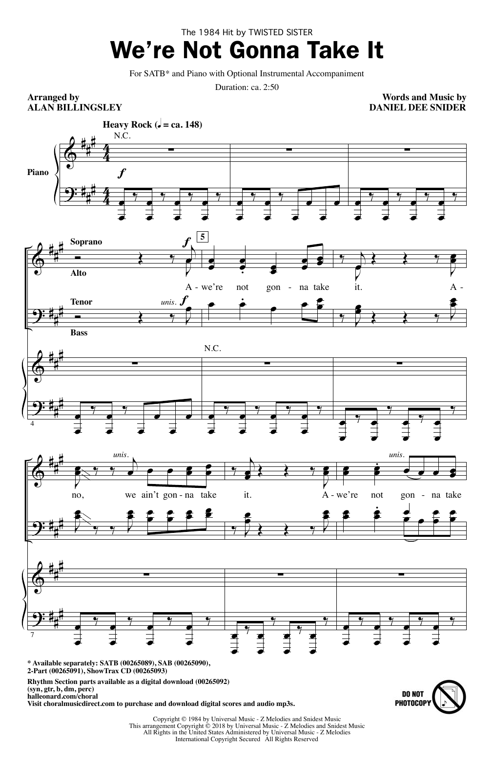 Alan Billingsley We're Not Gonna Take It sheet music notes and chords. Download Printable PDF.