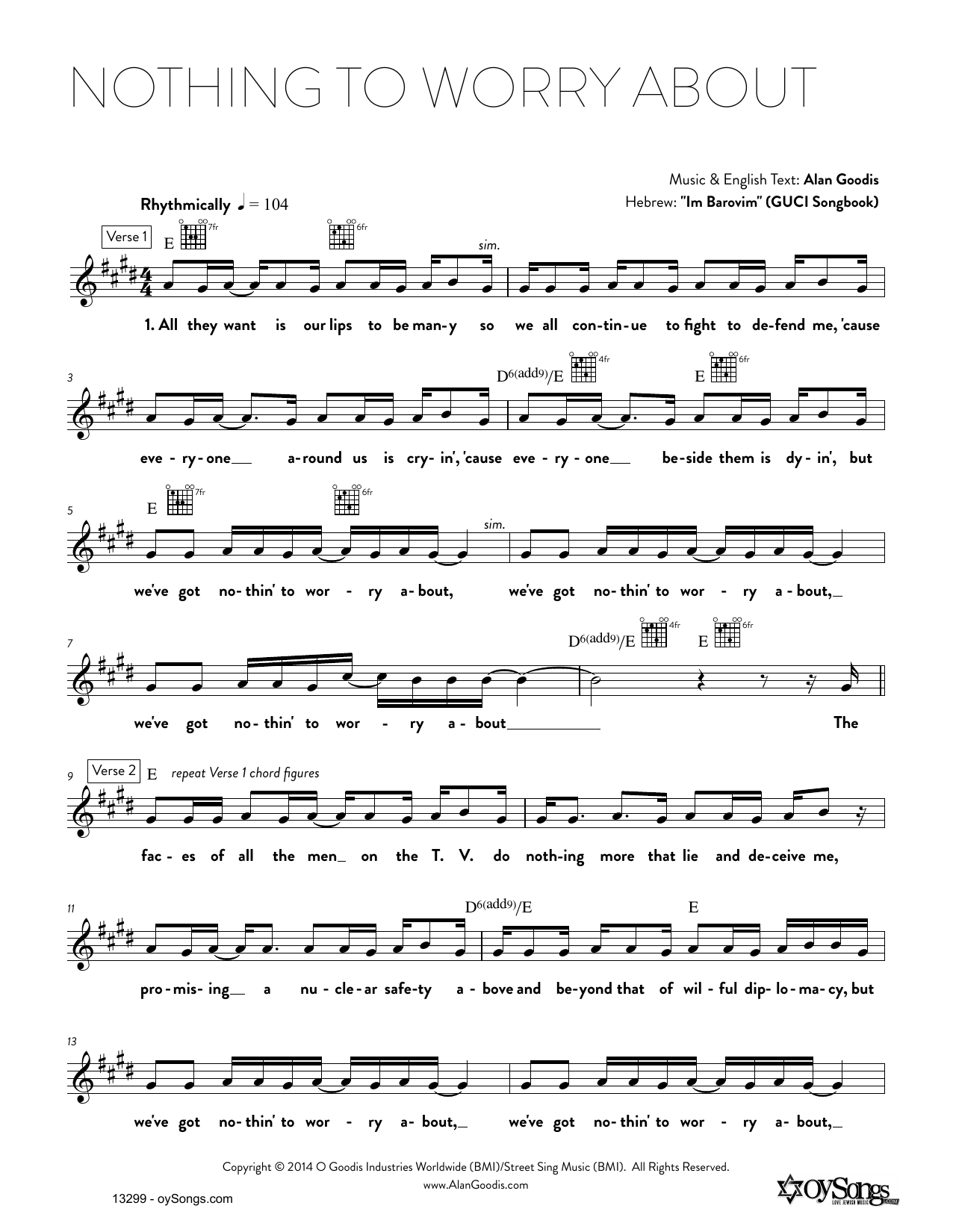 Alan Goodis Nothing To Worry About sheet music notes and chords arranged for Lead Sheet / Fake Book