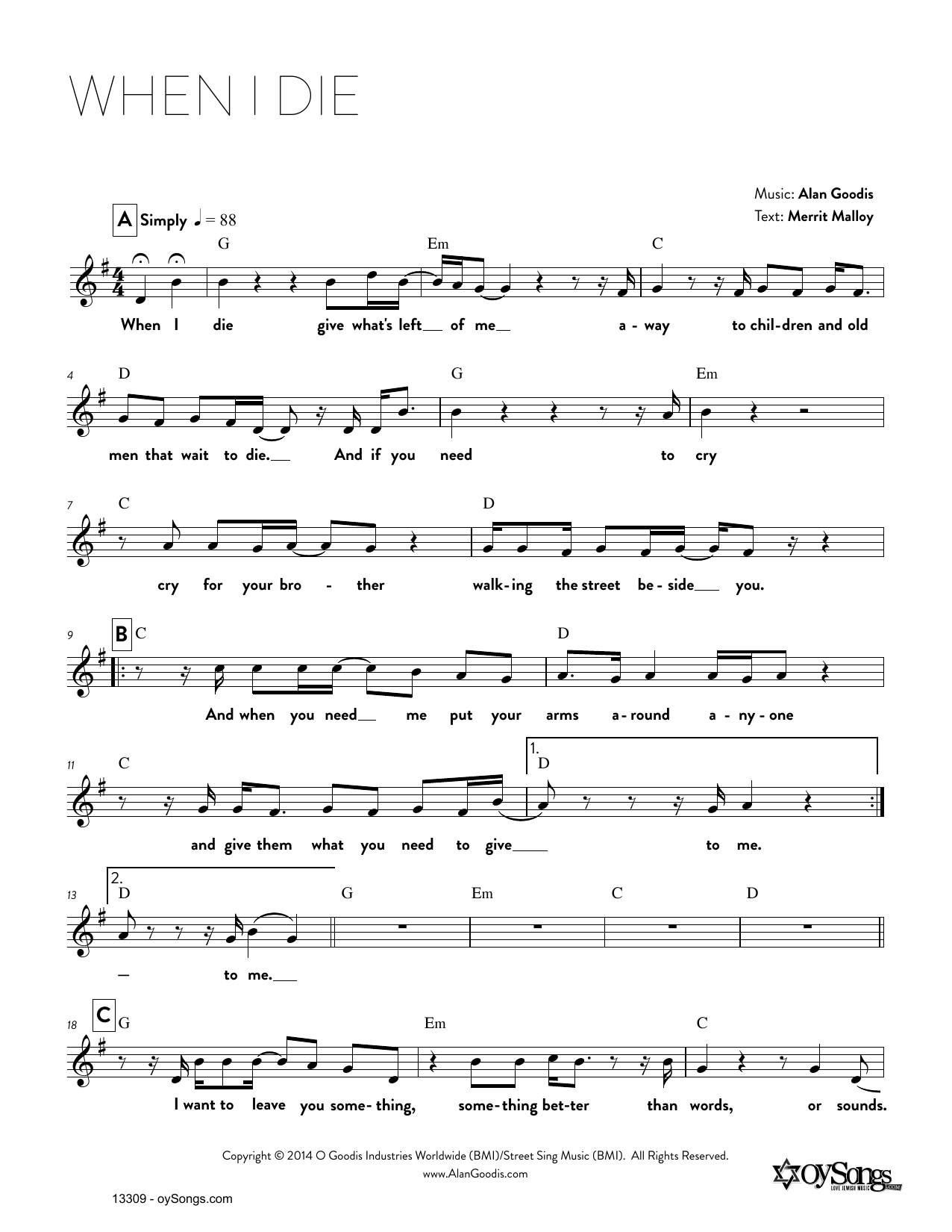 Alan Goodis When I Die sheet music notes and chords. Download Printable PDF.