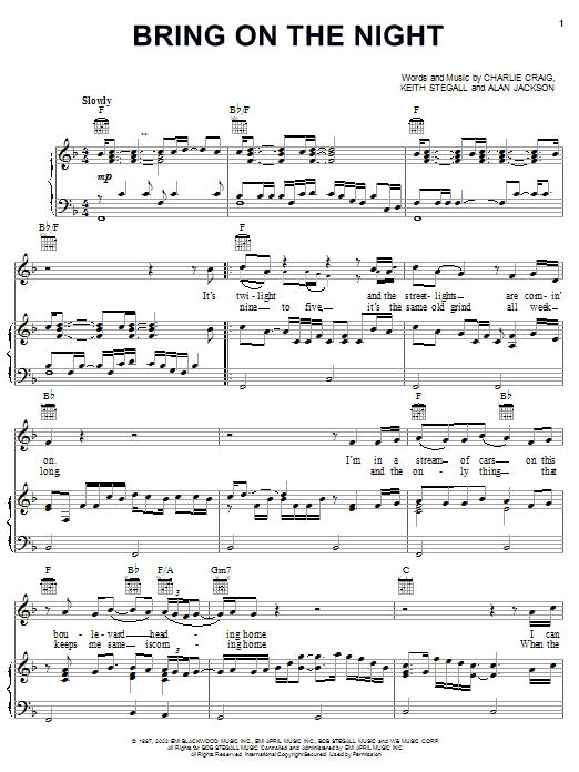 Learn to play Alan Jackson Bring On The Night sheet music for Piano, Vocal & Guitar (Right-Hand Melody) in minutes. Alan Jackson Bring On The Night sheet music notes and chords