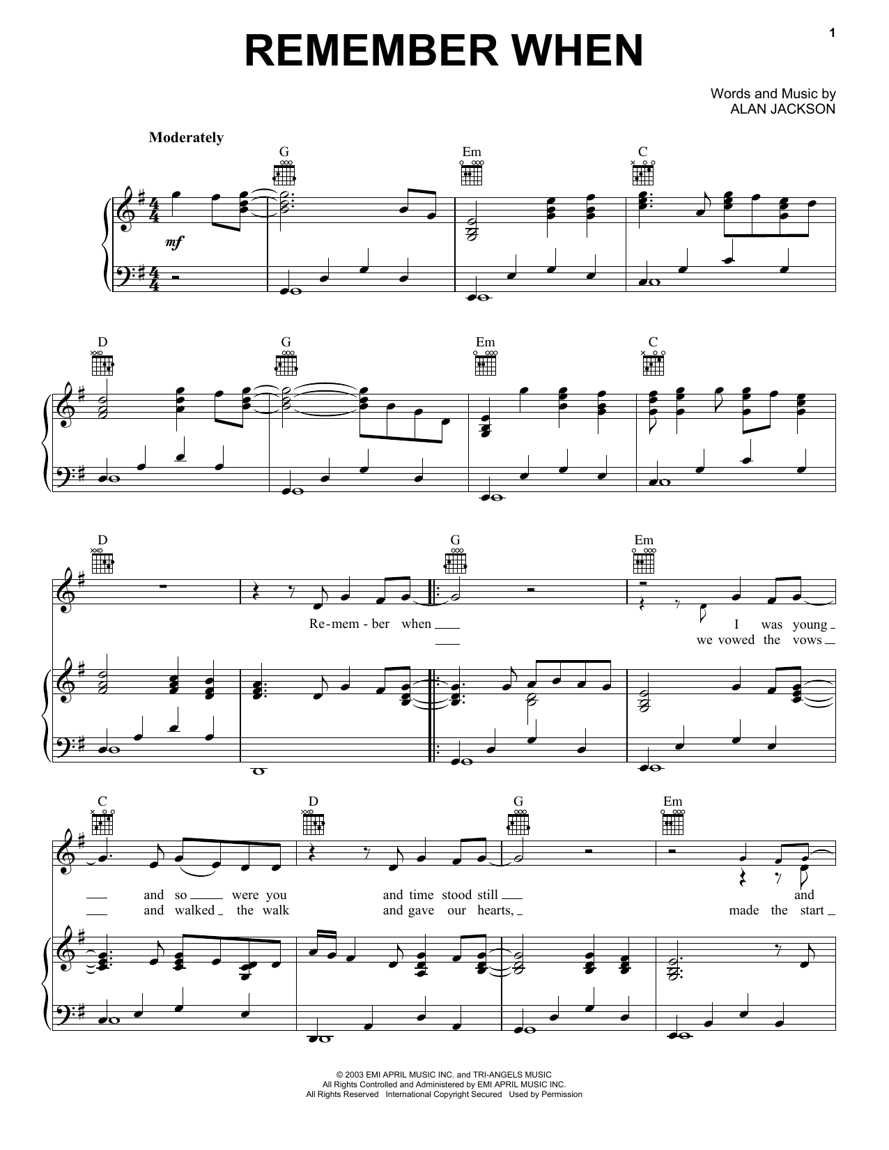 Preview Alan Jackson Remember When Country sheet music, notes and chords for Piano, Vocal & Guitar (Right-Hand Melody), SKU: 26317 sheet music, piano notes, chords, guitar tabs, score, transpose, transcribe, how to play, guide, download, learn, tutorial, progression, song, artist, awards, billboard, mtv, vh1, tour, single, album, release