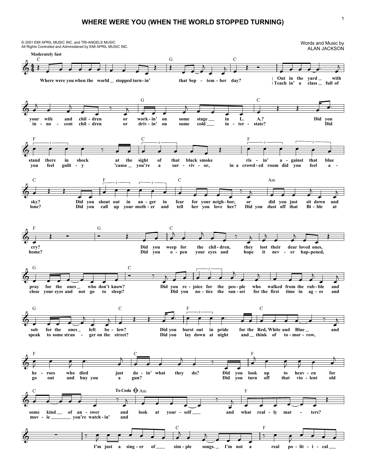 Alan Jackson Where Were You (When The World Stopped Turning) sheet music notes and chords. Download Printable PDF.